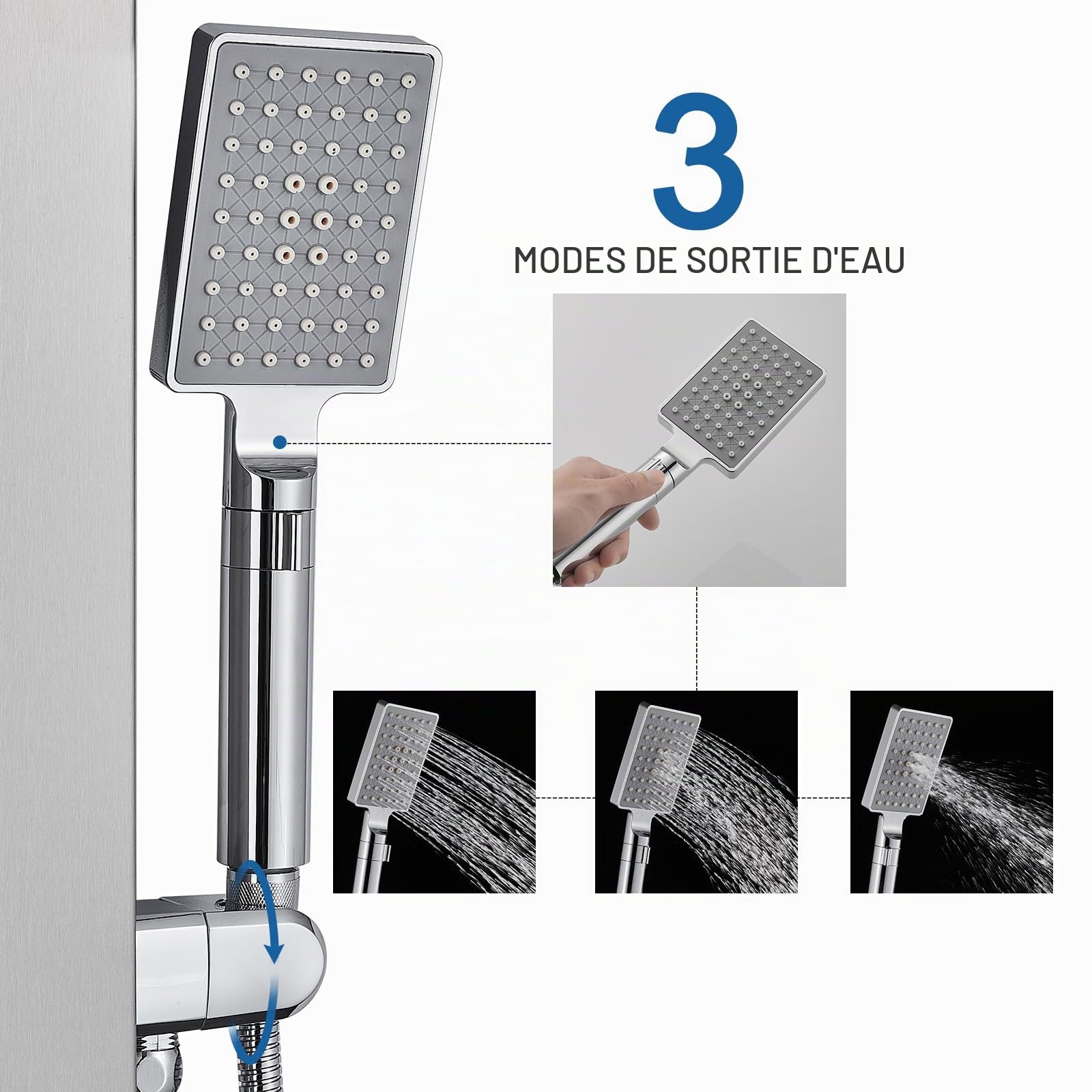 Colonne de Douche Thermostatique, Panneau de Douche à 6 Fonctions avec Éclairage LED, Colonne de Douche Hydromassante avec Mitigeur et Buses Massants, Acier Inox 304 Brossé