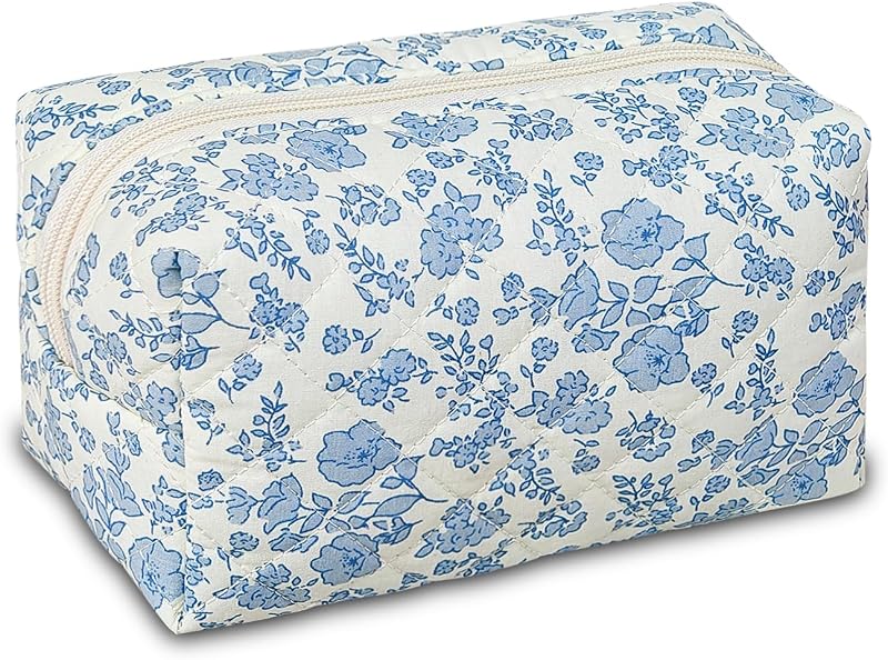 Necessaire de maquiagem acolchoada AMZMA de algodão, estampa floral azul Blue flower3, com zíper