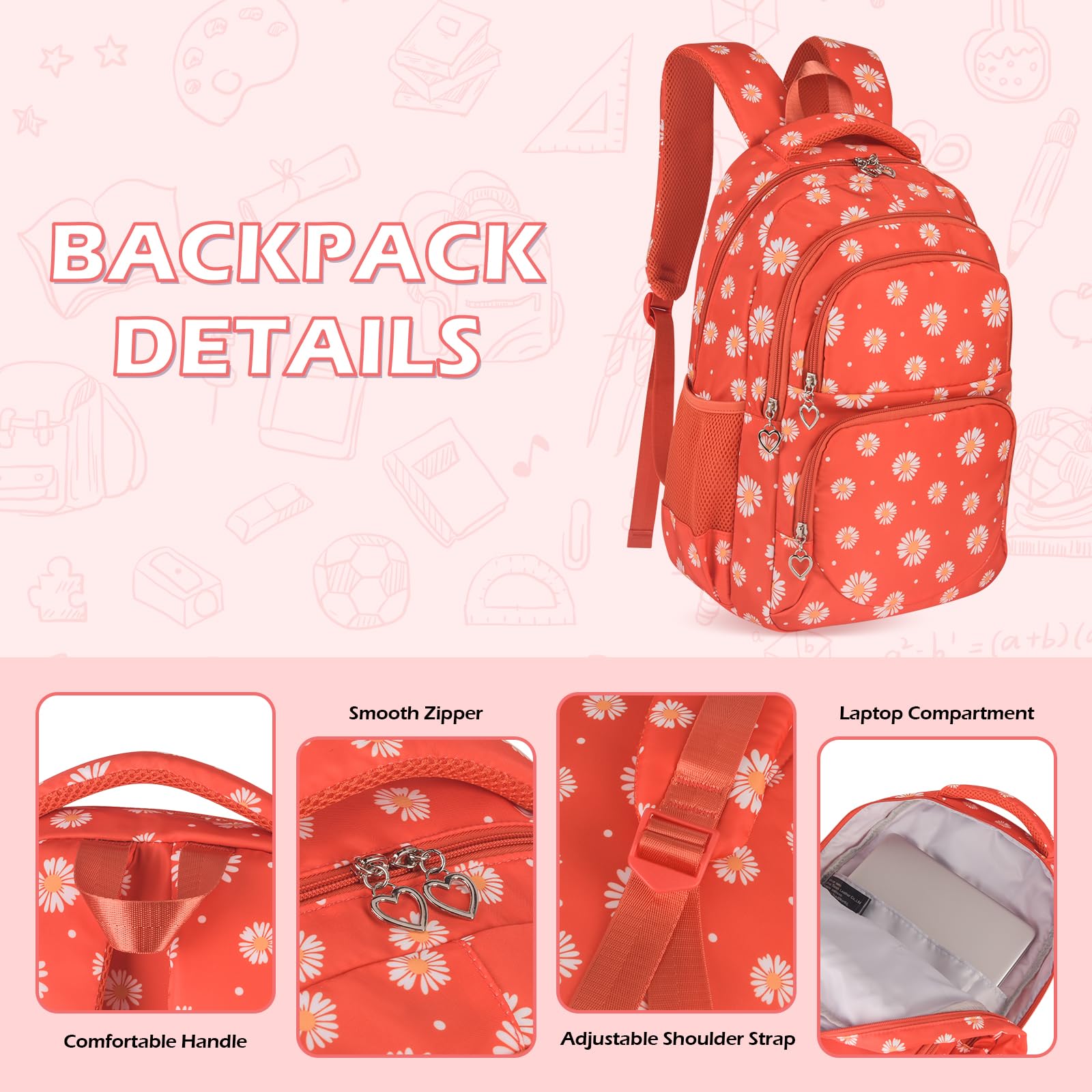 SIVENKE Set di zaino per la scuola con stampa di margherite, con borsa per il pranzo, astuccio, 3 pezzi, borse per la scuola per adolescenti, ragazze, ragazzi, scuola elementare, media, resistente