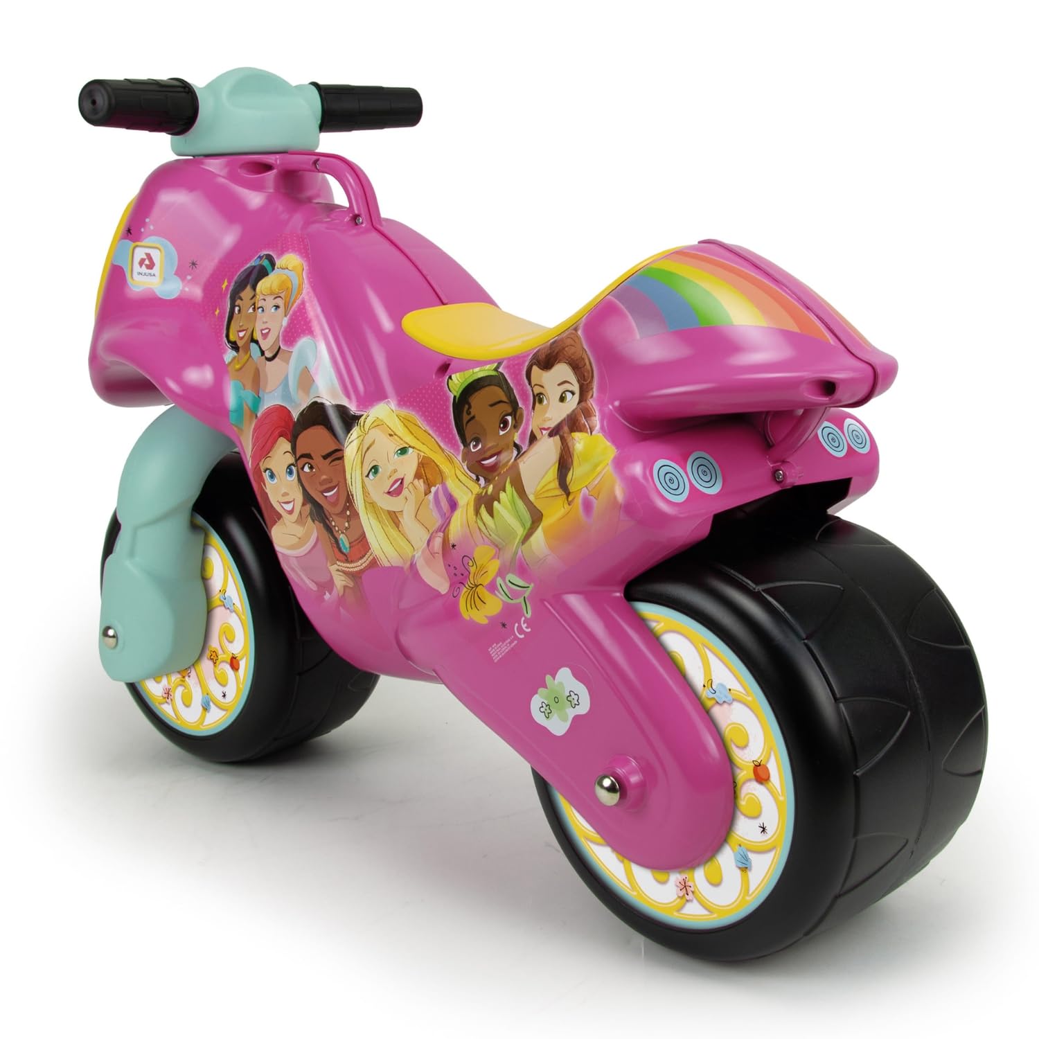 INJUSA - Motocykl Dziecięcy Neox Disney Princess, przeznaczony dla dzieci powyżej 18 miesiąca, szerokimi kołami z tworzywa sztucznego oraz uchwytem do transportu dla rodziców, różowy