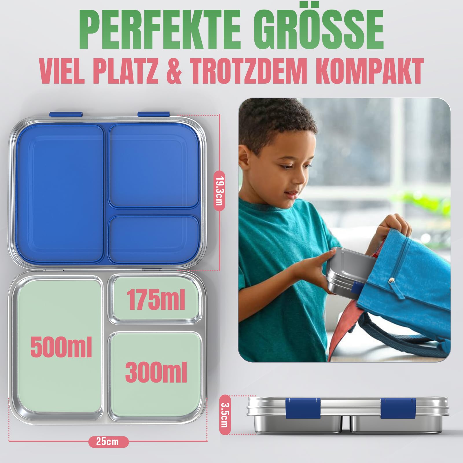 Premium Edelstahl Brotdose Kinder & Erwachsene,Auslaufsichere Bento Box mit Fächern – Robuste Lunchbox,Ideal für Schule, Kindergarten & Ausflüge (Blau)