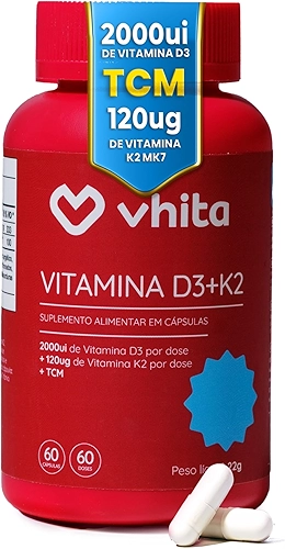 Vhita Suplemento com Vitamina D3 K2 e TCM, 200ui, Suporte Ósseo e Imunológico, 60 Cápsulas