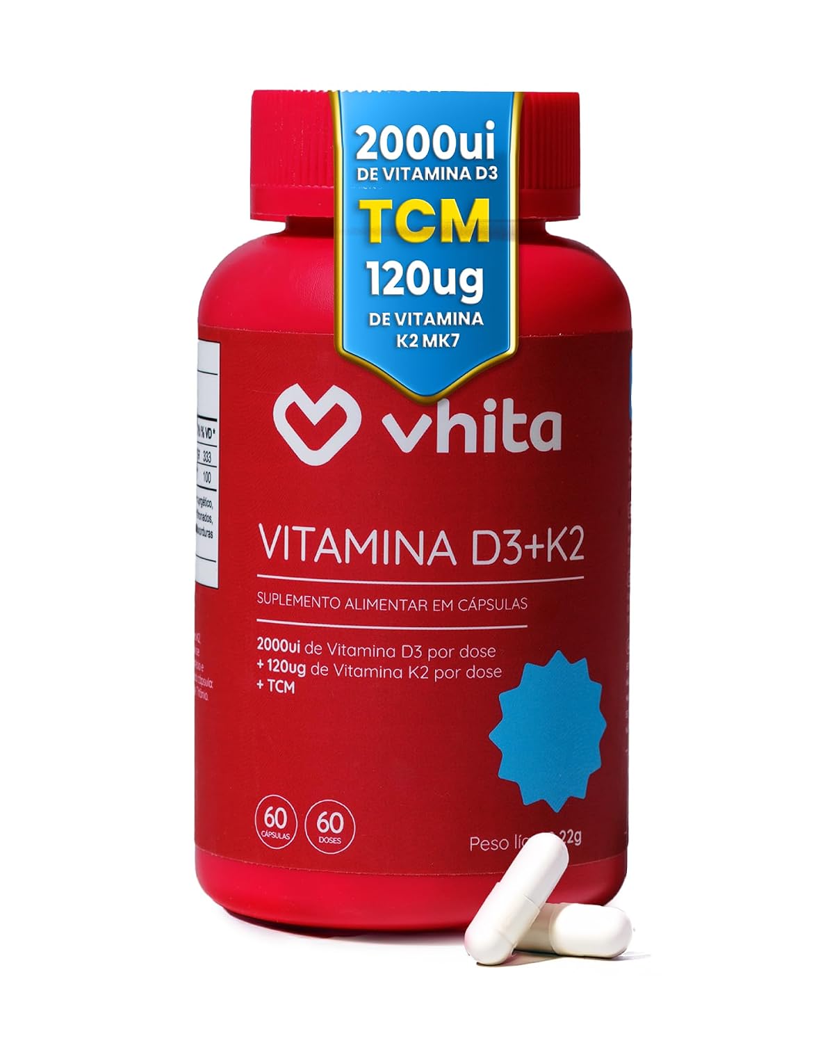 Vitamina D3 K2 MK7 2000ui 60 Cápsulas Vhita (60 dias cada pote)