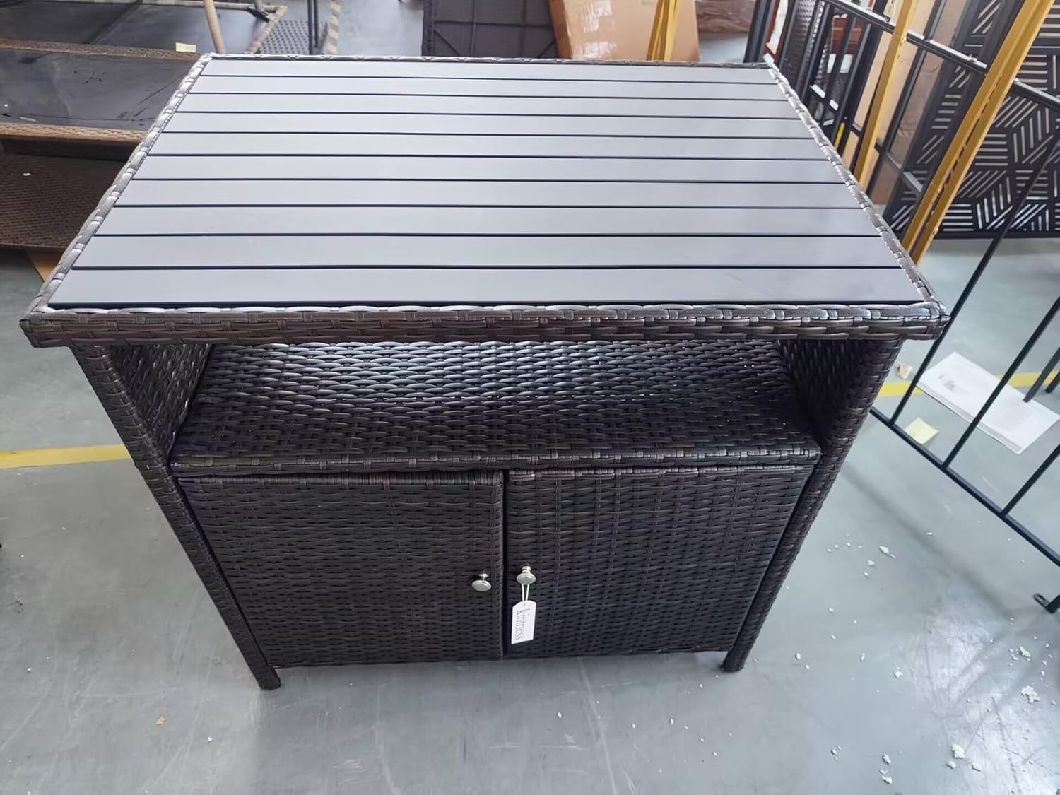 KINTNESS Patio Bar Table with Two Doors and Shelves, Outdoor Wicker Storage Cabinet, Console Table Dining Table with Aluminum Tabletop for Patio Island Home Party Bar (Brown)