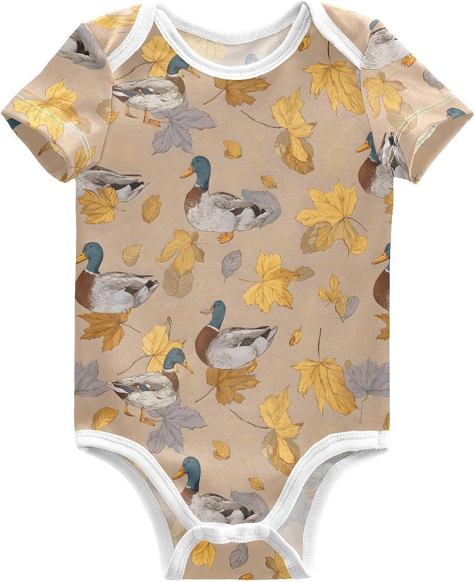 Unisex Baby Short-Sleeve Onesie Green Headed Duck and Maple Leaf Pattern Bodysuits for Boy and Girl 3M