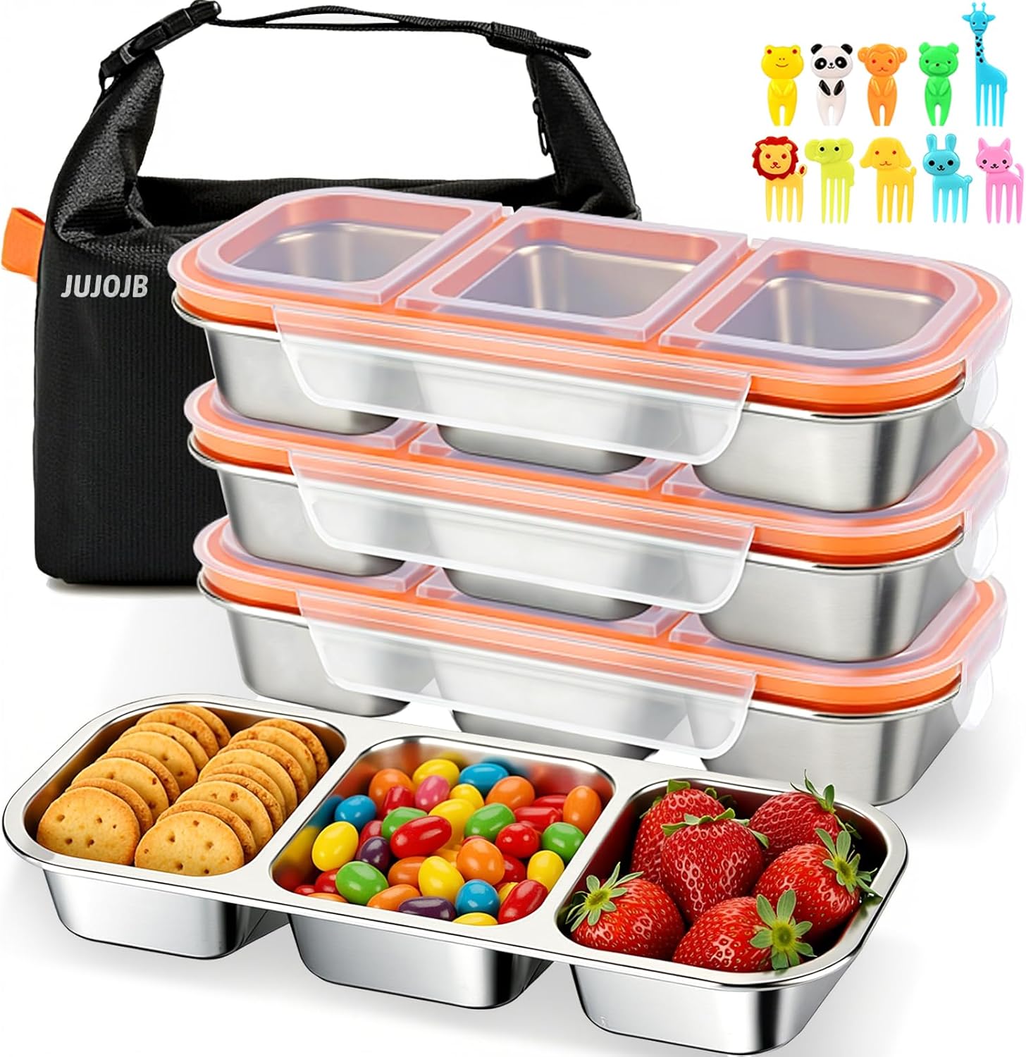 JUJOJB 3 Pack Snack Containers With Bag,Stainless Steel Box With Lids,Leak Proof Metal Lunch Box with 3 Compartments,Reusable Meal Prep Containers for office,Work,Travel For Adults Little One
