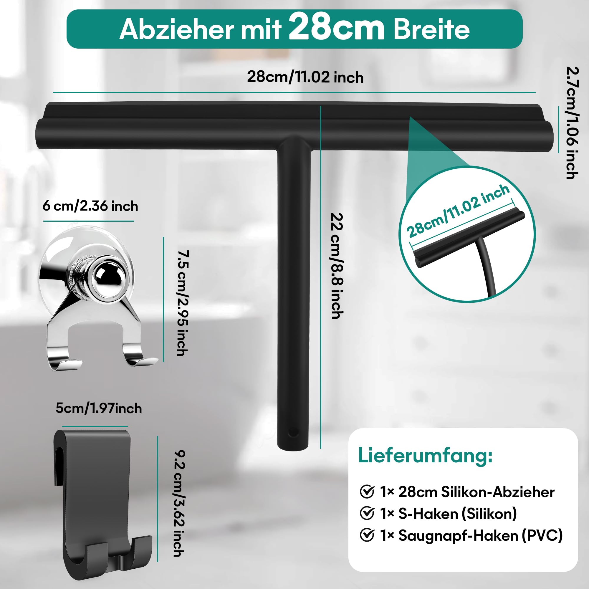 Duschabzieher Silikon Silikon, 30 Cm Breit, Ausziehbarer Langer Stiel (100  Cm Duschabzieher Schwarz