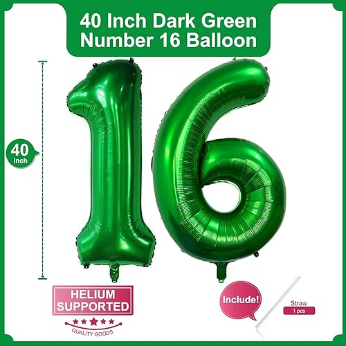 Miniatura 2 de Globo verde oscuro de 40 pulgadas con el número 16, 61 de tamaño grande, de papel de aluminio de mylar, globos de helio verde oscuro para fiesta de