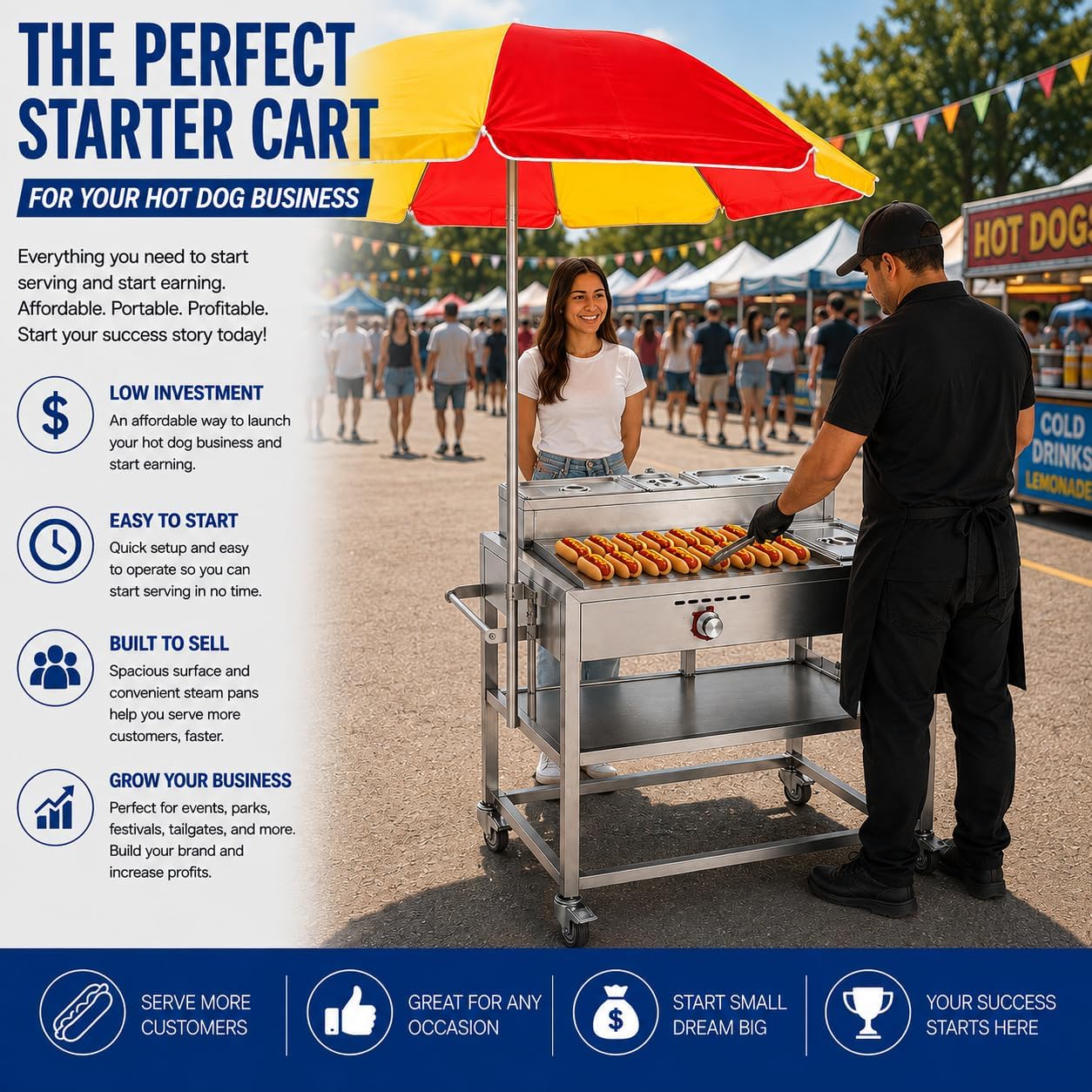 Hot Dog Cart with Umbrella | Stainless Steel Cart with Aluminum Flat Top Griddle | Propane | 4 Wheels Portable | CSA Approved | Street Food Cart for Catering, Vending, and More | Carrito Hot Dogs