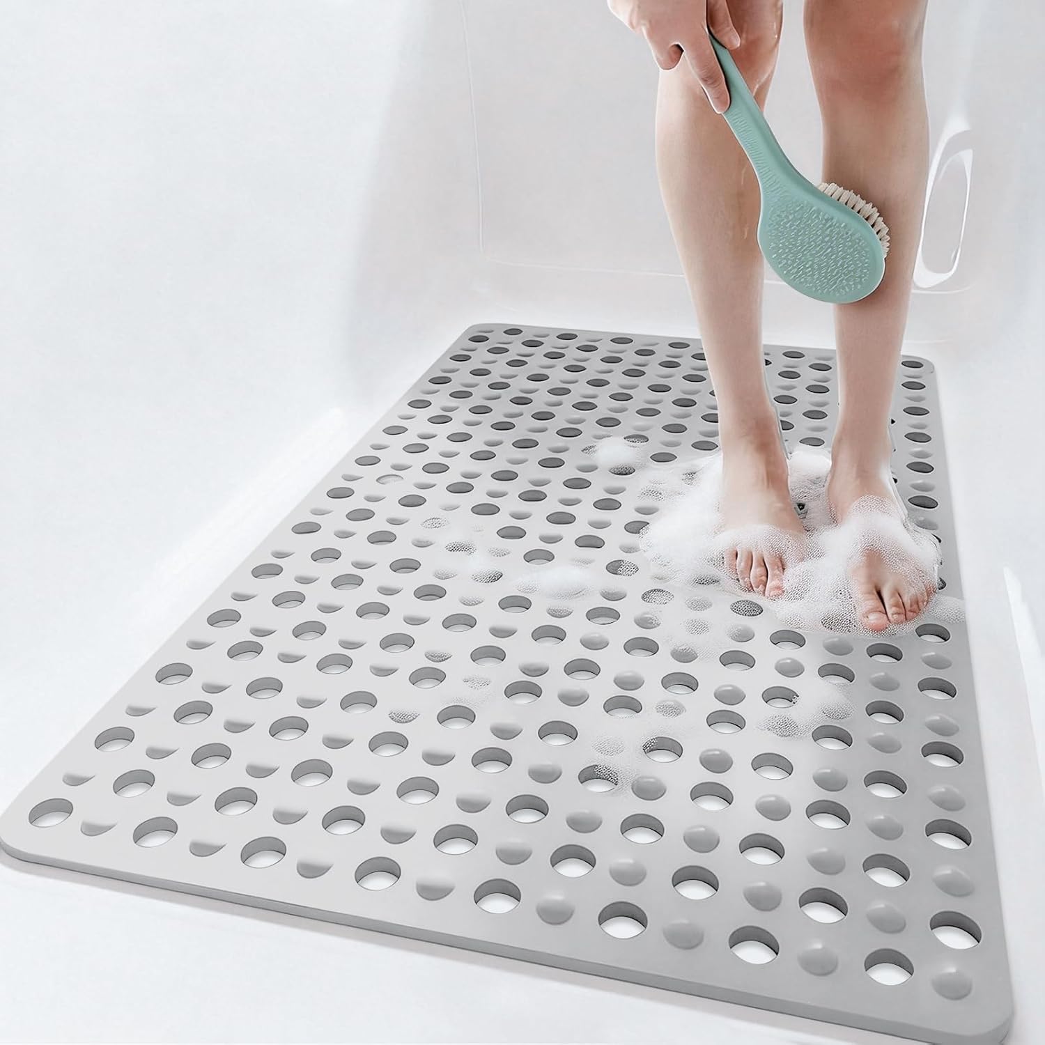 Non Slip Large Shower Mats for Inside Shower 20.87" x 33.86",TPE Bath Mat for Outside Shower,Extra Large Bathtub Mat with Suction Cups and Big Drain Holes,Apricot