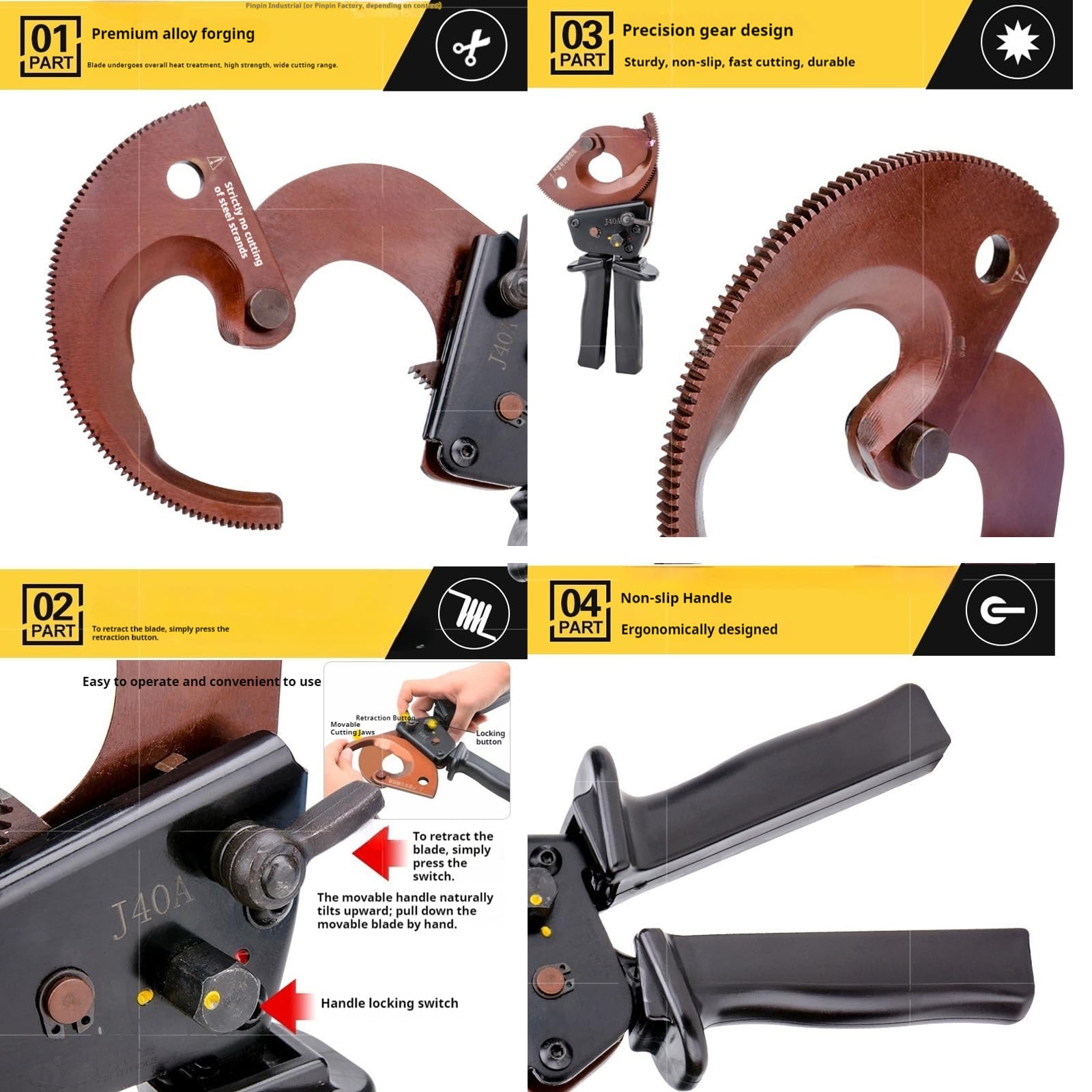 Ratschen-Kabelschneider, Elektronik Seitenschneider, Kupfer-Aluminium Kabelschere – bis 300 mm² / Ø40 mm, Einhandbedienung mit ergonomischem Anti-Rutsch-Griff