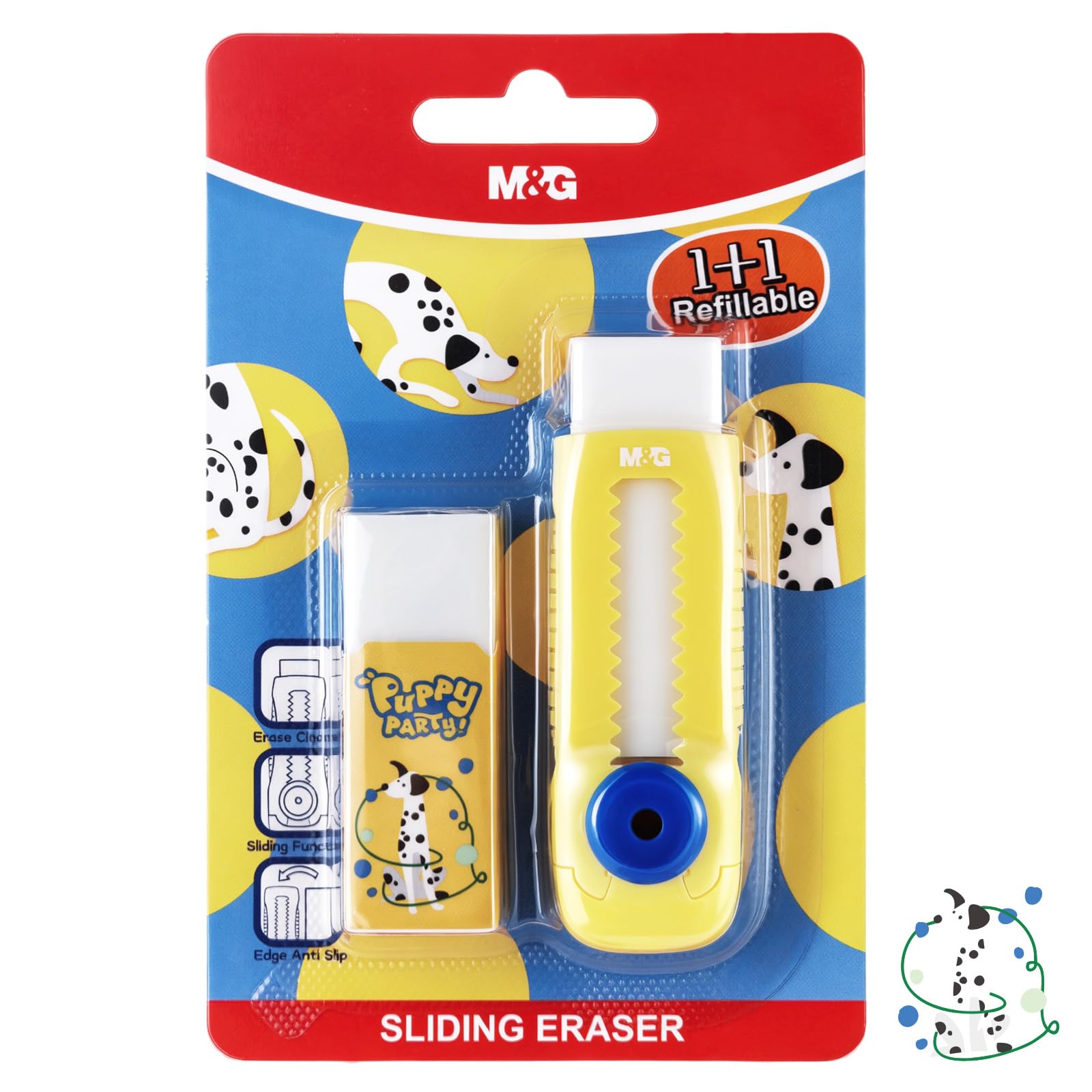 M&amp;G 1+1 Pack Yellow Sliding Retractable Cute Eraser Set, Refillable Soft Large Rubber Eraser with Sleeve for Kids Students School Office Supplies