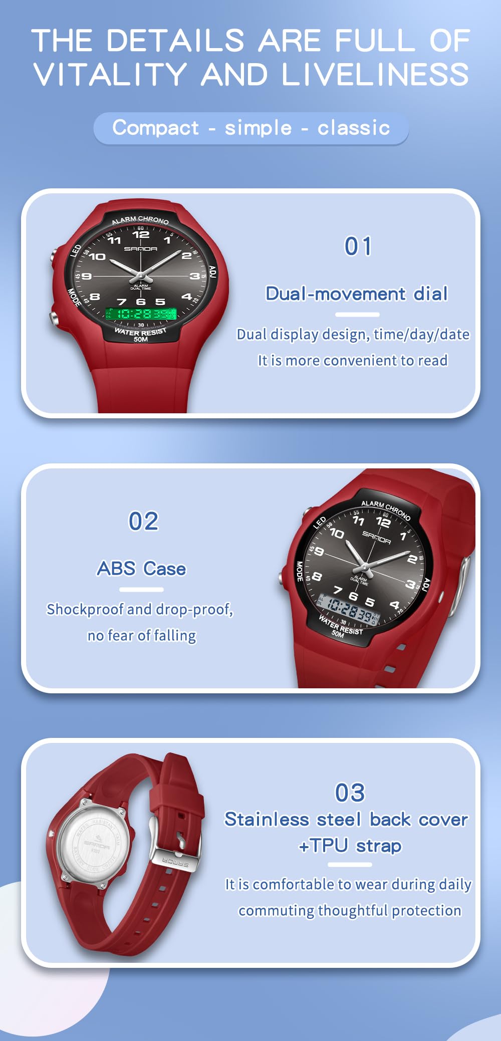 Gosasa Montre de sport analogique et numérique double fuseau horaire étanche jusqu'à 50 m Alarme chronographe Rétroéclairage LED Montre bracelet en silicone