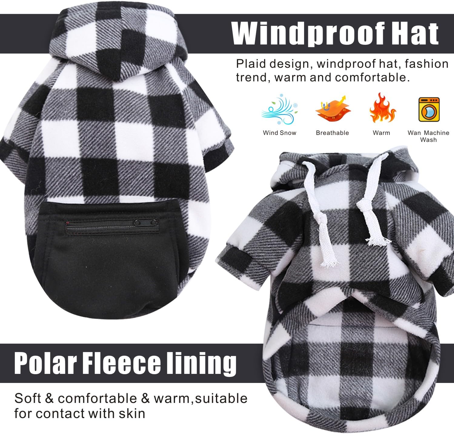 Mrcopetal Plaid Dog Clothes Sweatshirt with Soft Brushed Fleece and Zipper Pocket for Dog Winter Coat in Small, Medium, Large & XL