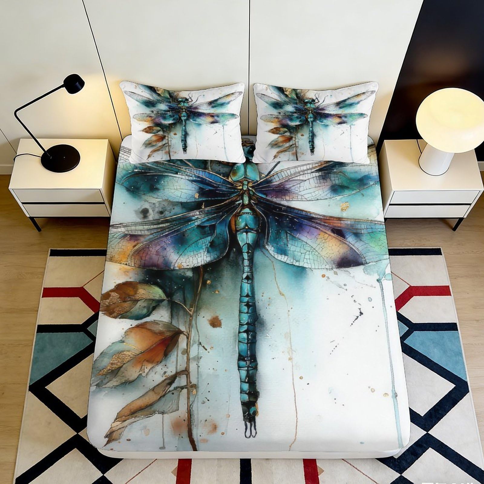 3D Printed Dragonfly Art Fitted Sheet Microfiber Soft Breathable Watercolor Leaves Mattress Cover for Bedroom Dorm Mattress Decor 90x200x25cm