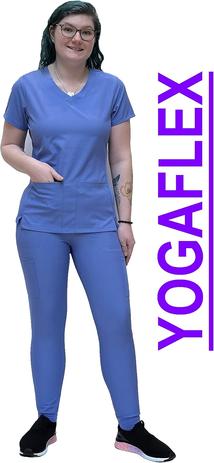 YOGAFLEX Jogger Scrubs for Women Set. Regular and PETITE. Side Spandex 2 Pockets Top with Yoga Waist Joggers