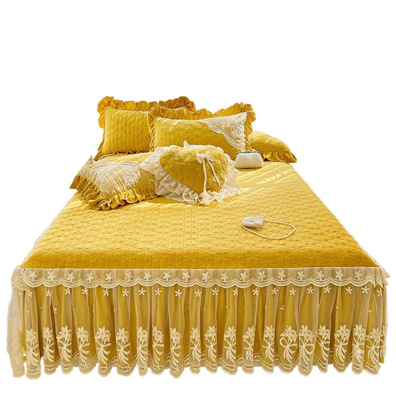 3/6Pcs Thickened Crystal Velvet Bed Skirt, Flowers Lace Embroidery Sheet, Bedspread, Quilted Cover, Pillowcases(Yellow,180X220cm 6pcs)