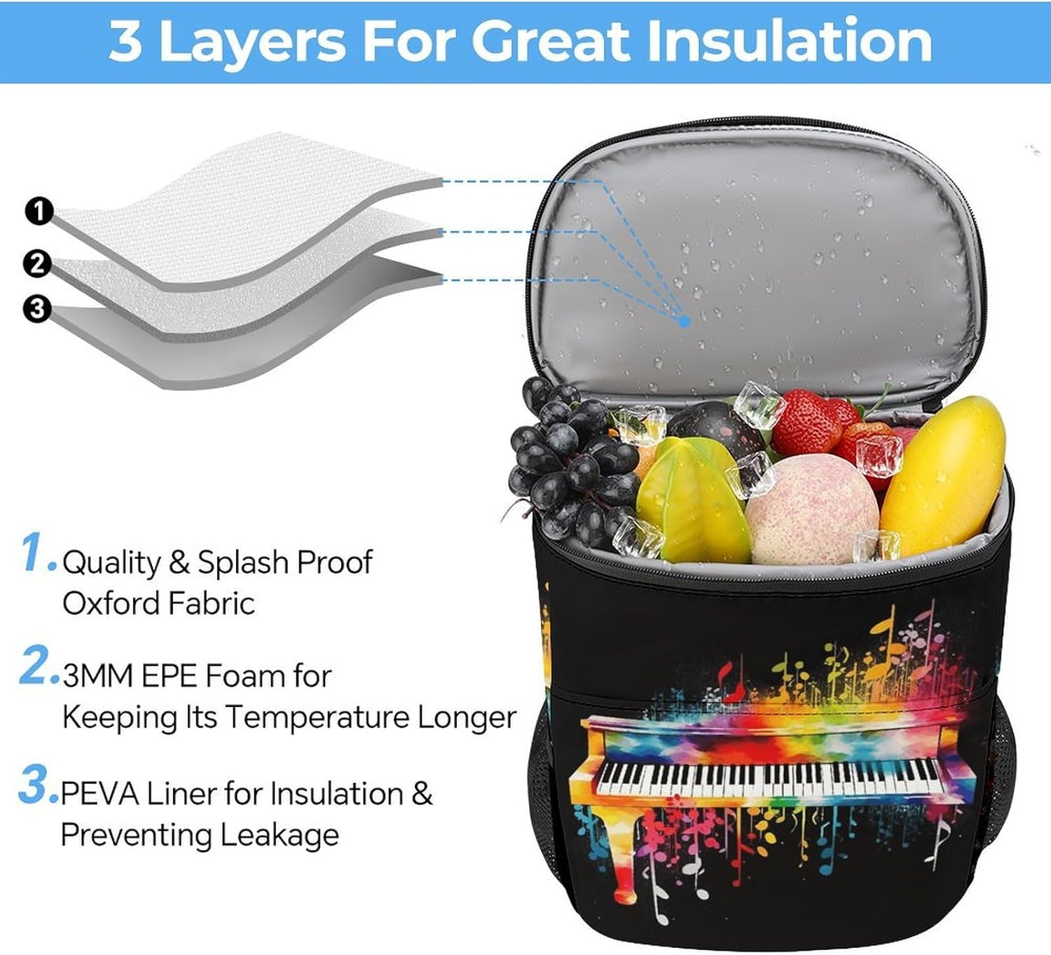 Colorful Piano Keyboard Music NoteCooler Backpack Fashion Large Capacity Lunch Backpacks Lightweight Insulated Backpacks Travel Cooler Bag Cooler Pack Ice Pack Keep Fresh Backpack Coolers