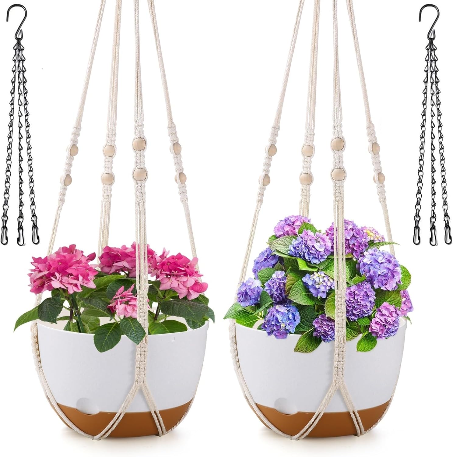 10 Inch Hanging Planter, 2 Pack Hanging Plant Self Watering Pot with Drainage Holes and Saucers, Hanging Baskets Flower Pots with Macrame Rope Hangers for Garden Home -White
