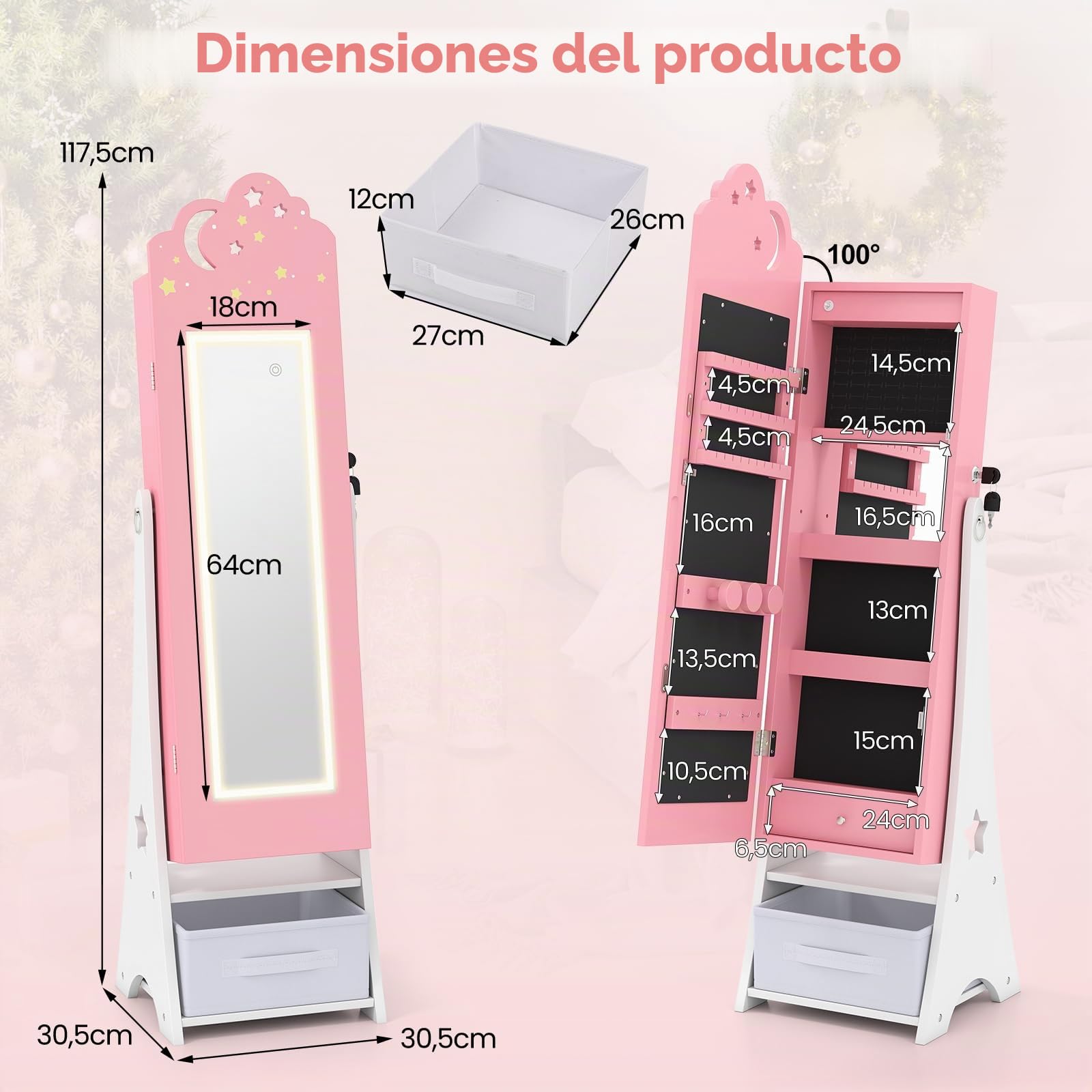 COSTWAY Armario para Joyas Infantil con Luces, Armario Joyero de Pie para Niñas con Espejo de Cuerpo Entero, 4 Luces con Sensor, Espejo Joyero para Princesas para Dormitorio Sala de Juegos (Rosa)