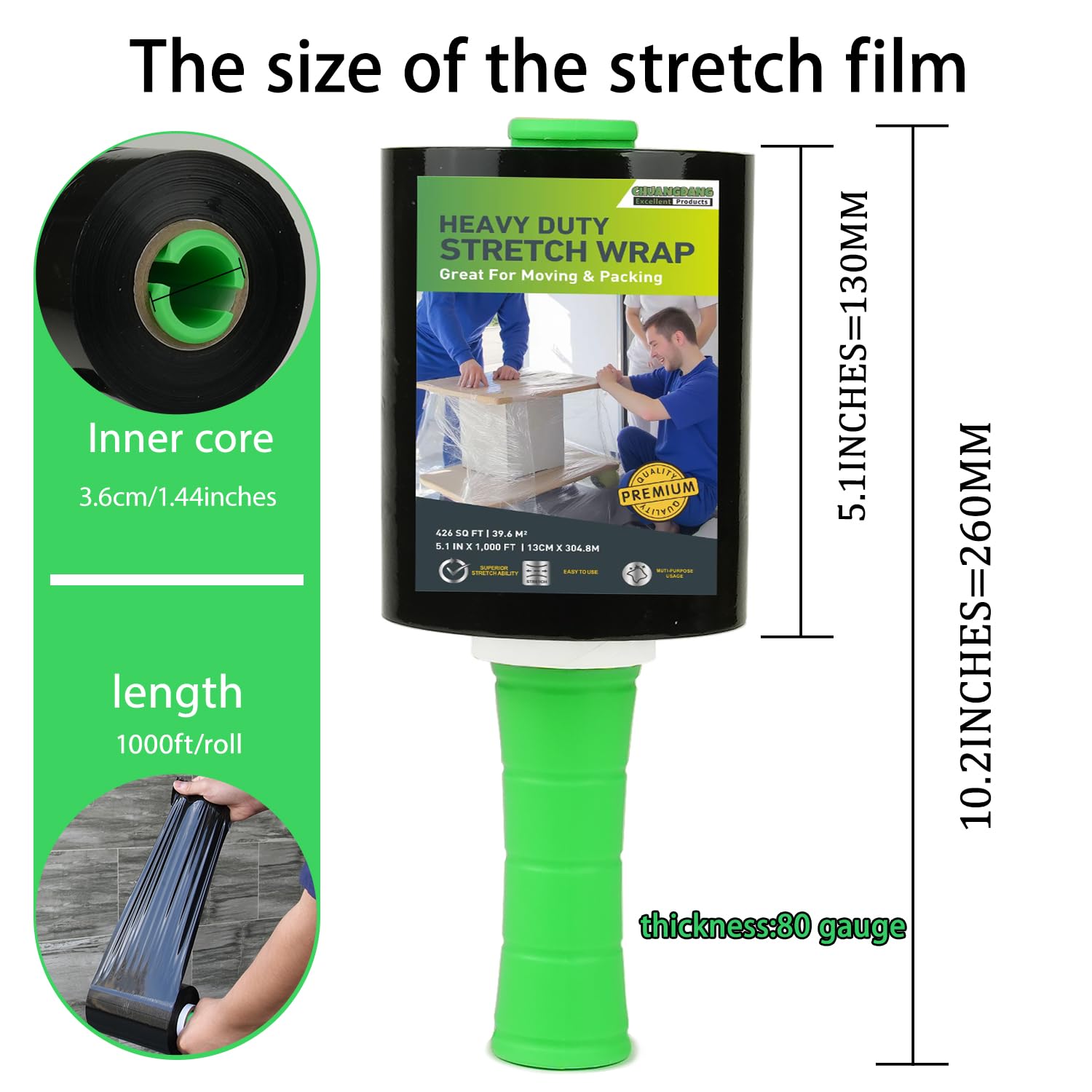 Mini rollo de película elástica negra, 5 x 1000 pies, 4 paquetes con 1 mango de plástico, envoltura de plástico industrial autoadhesiva para envoltura de palés, embalaje resistente, mudanza, envoltura
