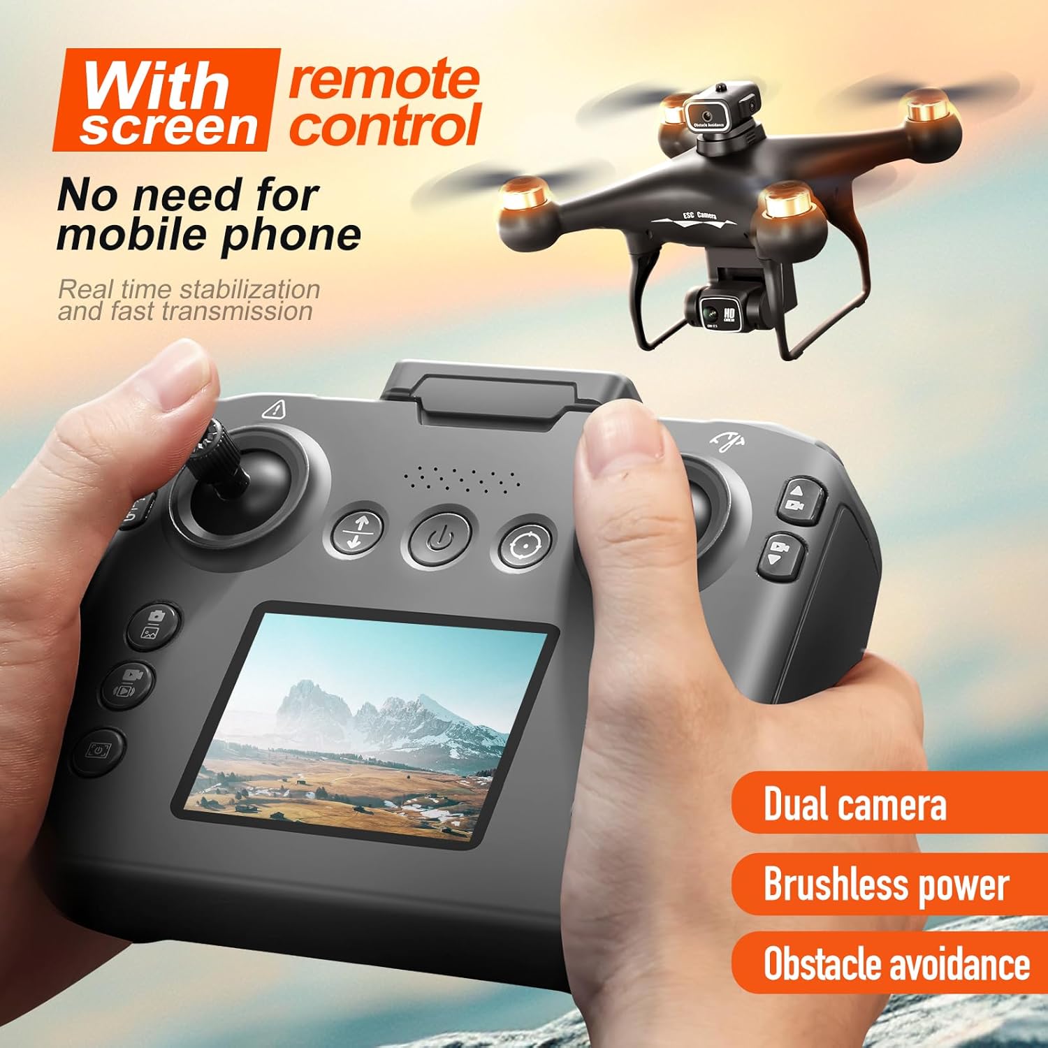 Hobby Drone with Screen Display Remote Control, 1080P Dual Camera, Speed Adjustment, Altitude Hold, One-Key Takeoff, 3D Flips, 2 Batteries, Hovering, Brushless Motor, APP Control, Plane Copter, LED Lights, Adult Beginners FPV Quadcopter Airplane Helicopter, Drones for Kids 8-12 (White)