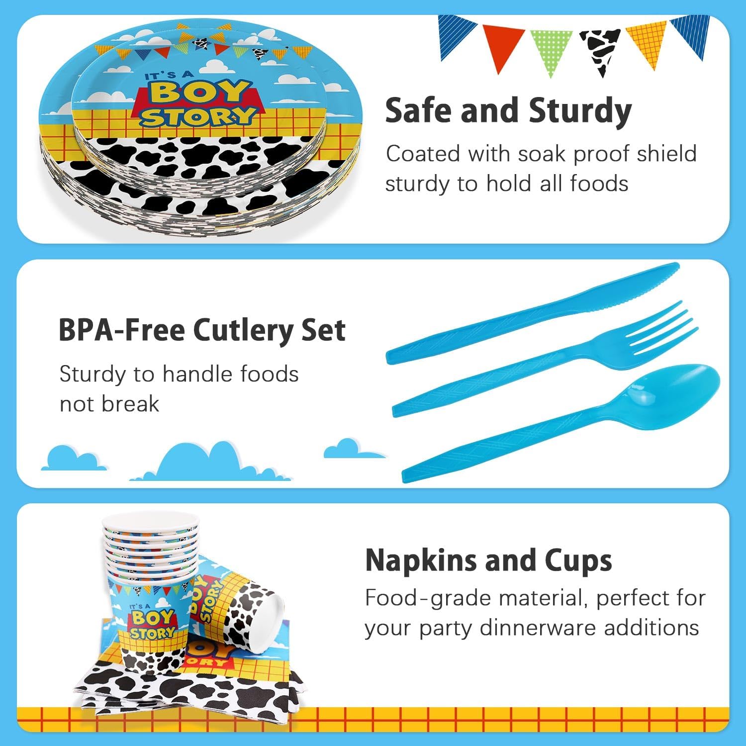 Cartoon Boy Story Baby Shower Decorations Plates 25 Guests,175 Pcs It's A Boy Story Baby Shower Cardstock Paper Plates Napkins Cups Cutlery Set Party Decorations