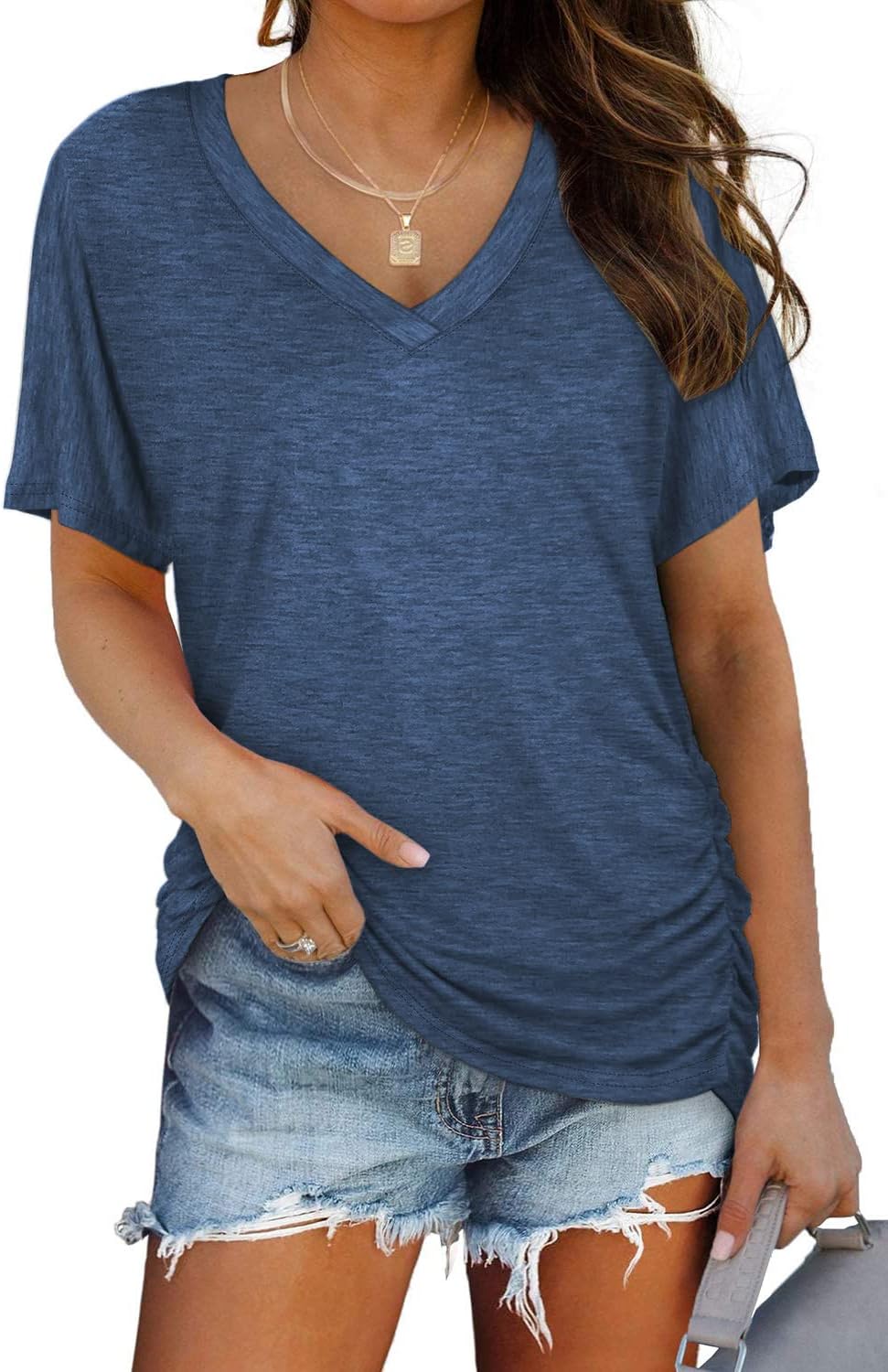 VeatzaerWomens V Neck Short Sleeve T Shirt with Side Shirring Casual Tee Loose Shirts Tunic Tops