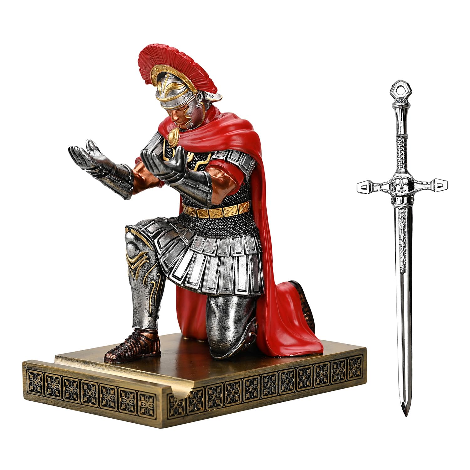 Centurion Cloak Warrior Knight Pen Holder Mobile Phone Stand Desk Organizers and Accessories as Gift for Office and Home (Silver)