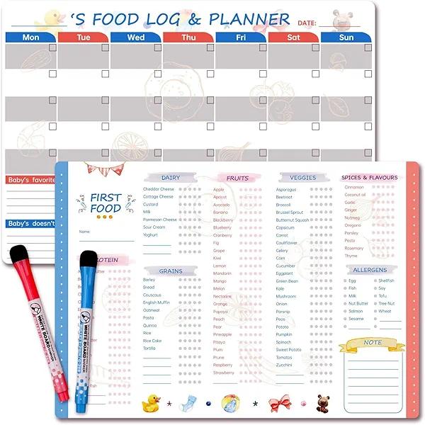 Set of 2 Baby First Foods Tracker Fridge Magnet, Nutrition Poster, Daily Food Log First Foods Chart Checklist, 101 Foods Before 1 Checklist Magnet, Dry Erase Whiteboard with 2 Magnet Markers
