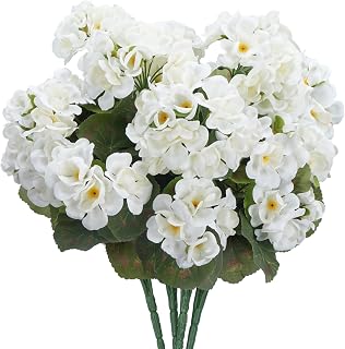 4pcs Artificial White Flowers for Outdoors Faux Hydrangea Geraniums Artificial Flowers Realistic Silk Flowers Bouquet Bulk Fake Plants Bush for Outdoor Planters Cemetery Grave Outside Porch Front Door
