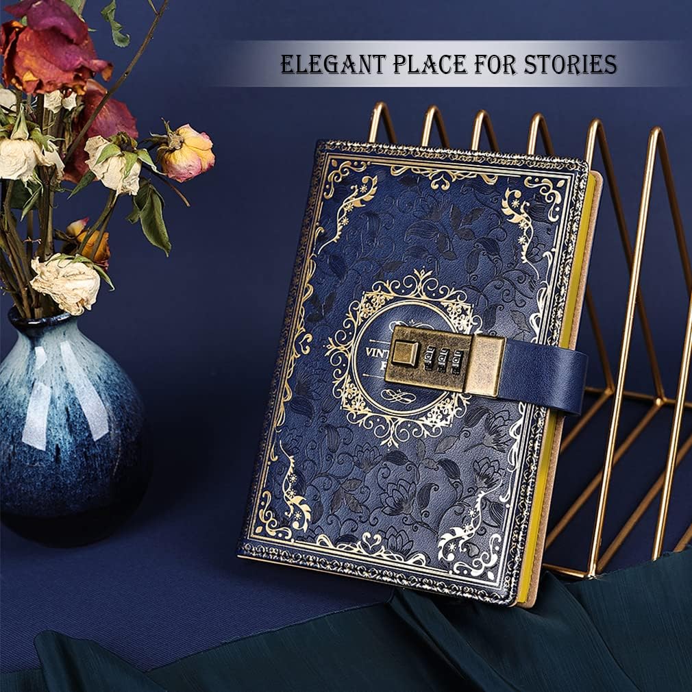 Mazeran Combination Lock Journal, Vintage Elegant Leather Hard Cover Floral Embossed Notebook Diary, 256 Pages Lined Golden Gilded Password Locking Personal Planner, Gift for Women Girls - Image 5