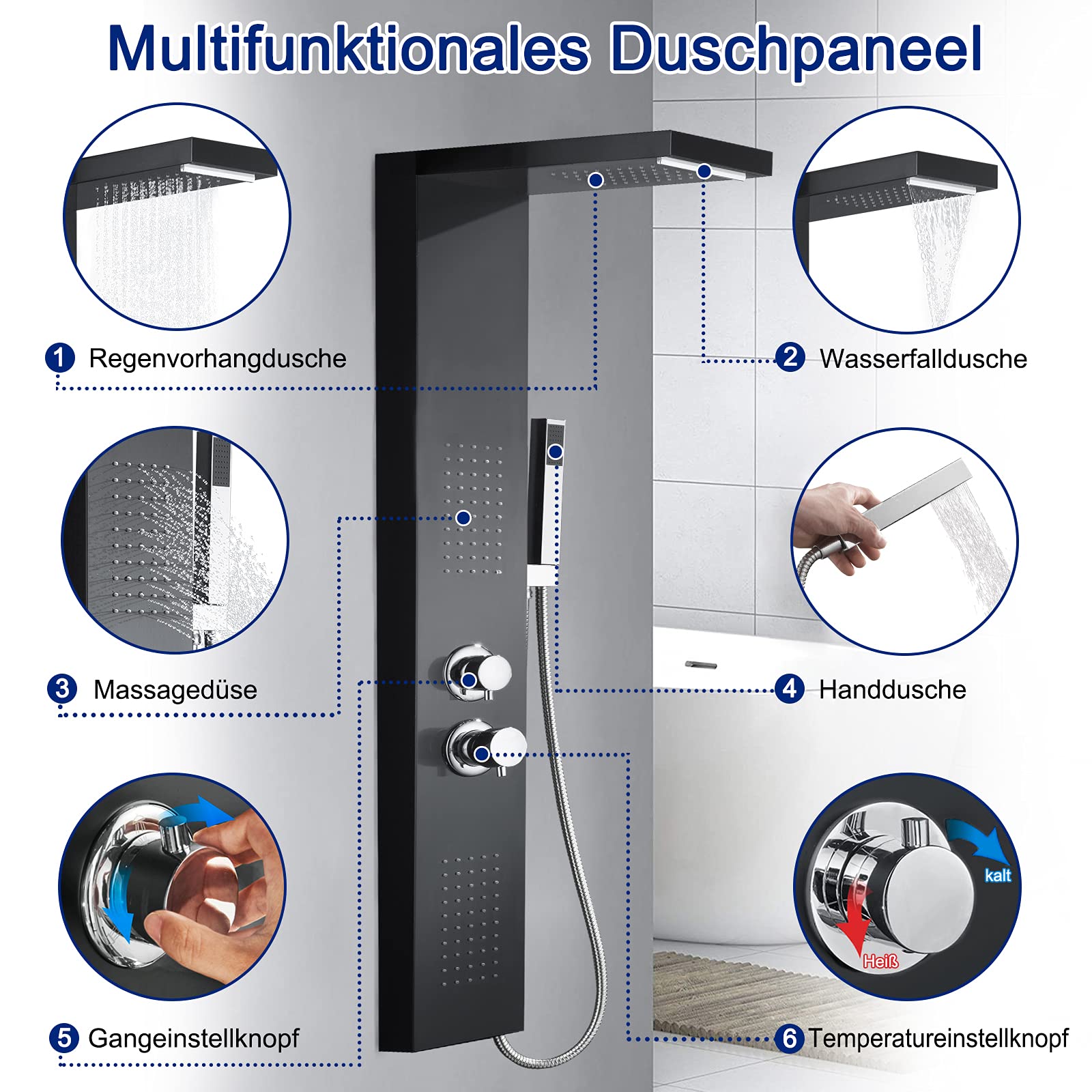 HENGMEI Panel prysznicowy system prysznicowy ze stali nierdzewnej szczotkowanej armatura prysznicowa zestaw prysznicowy z deszczownicą, prysznic z masażem, prysznic z wodospadem, słuchawka prysznicowa