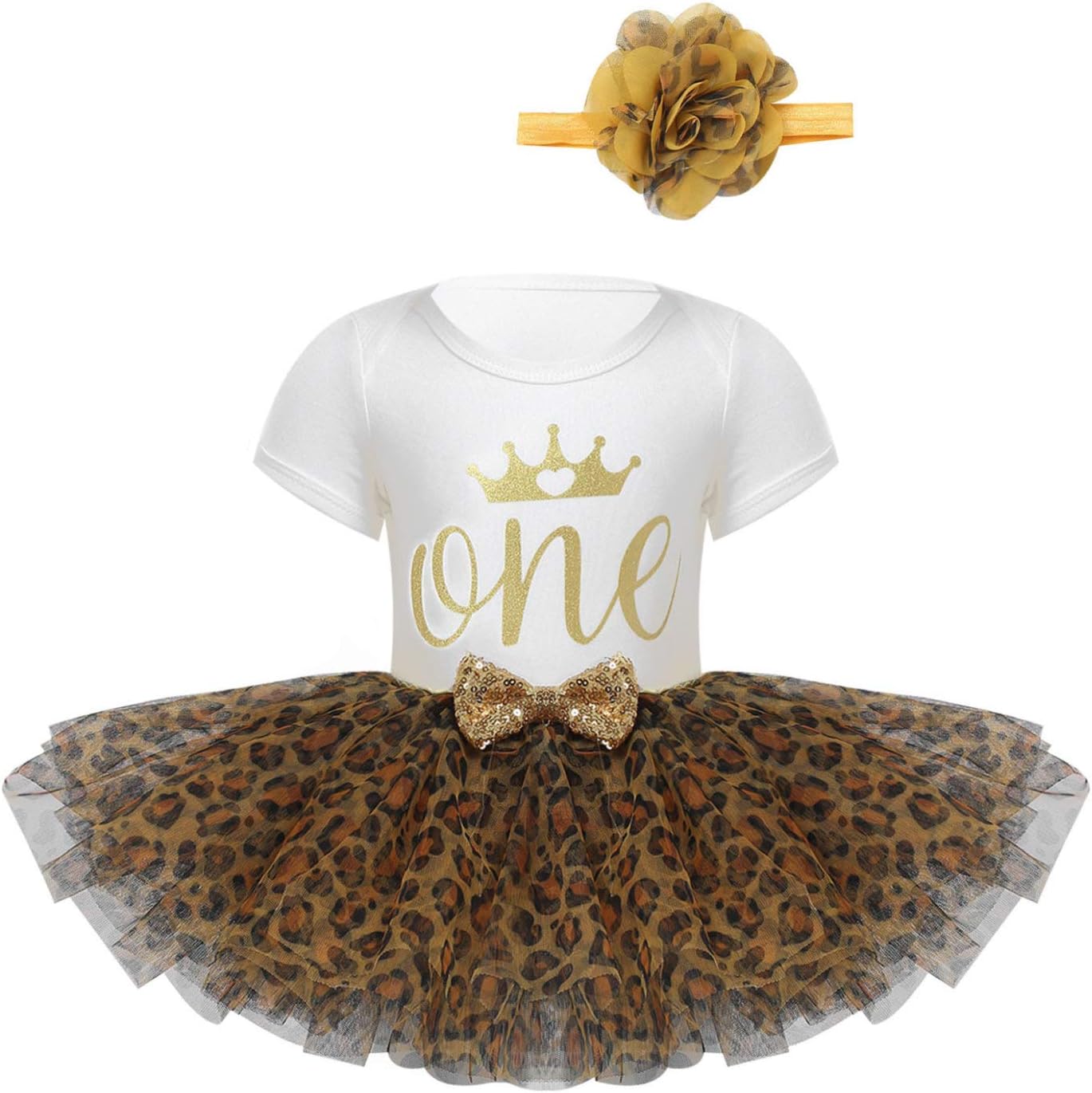 TTAO Toddler Infant Baby Girls Tulle Tutu Skirt Leopard Fancy Dress with Flower Bowknot Headband