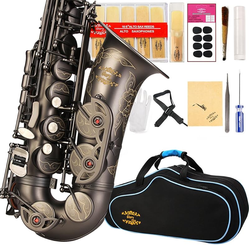 GLORY Engraved Flower High Grade Antique Finish Series PR3, E Flat Alto Saxophone with 11reeds,8 Pads Cushions,case,carekit