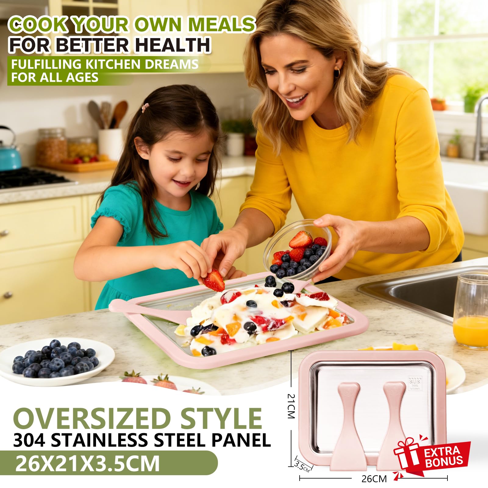 Heladera Instantánea Para Hacer Helado Con 2 Espátulas, Fabricante De Helado, Ice Cream Maker Para Adultos Y Niños, Hacer Crema Laminada Casera, Yogur Helado, Sorbete (Rosa,26 * 21CM)