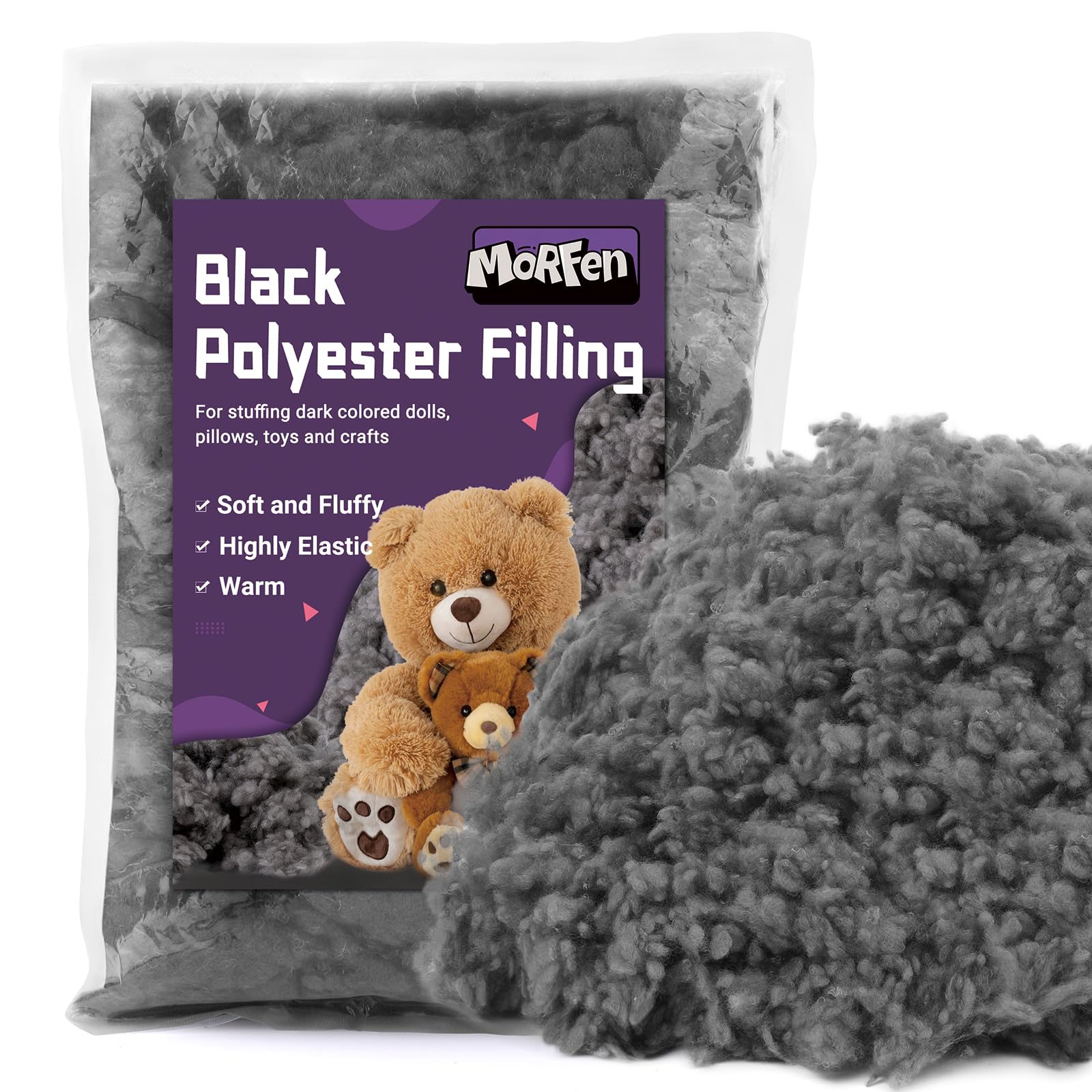 MORFEN 3.5Oz/100g Black Polyfill Stuffing for Crafts, Black Fiber Fill, Polyester Stuffing for Stuffed Animals, Heat Polyester Fiber Fill, Pillow Stuffing, Dark Grey Poly Filling Stuffing for Crochet