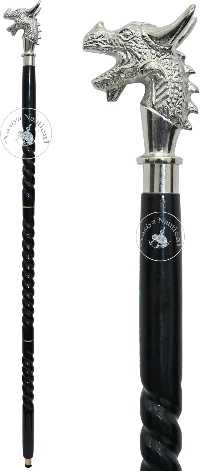 Dragon Head Walking Stick – Black Wooden Cane with Sculpted Aluminium Handle, Fantasy Spiral Shaft, Unique Medieval Costume Staff & Decorative Collectible Gift