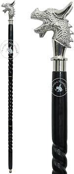 Dragon Head Walking Stick Black Wooden Cane with Sculpted Aluminium Handle, Fantasy Spiral Shaft, Unique Medieval Costume Staff & Decorative Collectible Gift