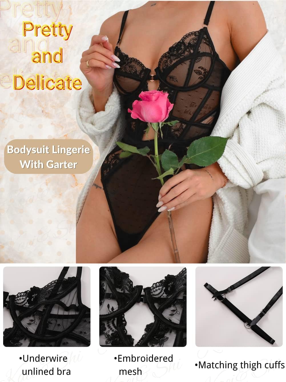 Kaei&Shi Floral Embroidered, Underwire, Removable Garter, Thigh Straps, Backless Bodysuit - Image 2