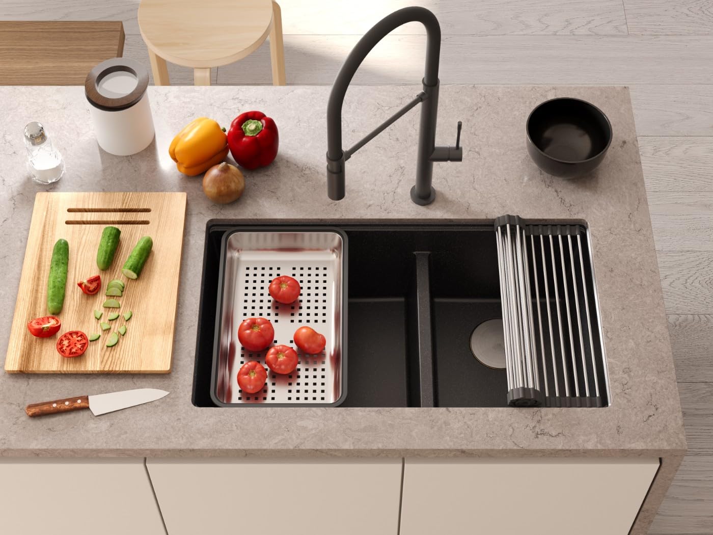 QUADRON Spülbecken, 2 Beckenspüle Granitspüle Küche | Größe 78 x 50 x 23,5 cm Farbe: Soft Taupe & Stahl Pvd | LOGAN 120 | Unterbauspüle mit Siphon | 2-Kammer-Spülbecken Schrankunterbau ab 80 cm