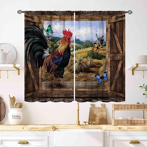 Miniatura 36 de Cortinas de cocina de granja, animales de granja rústica, gallo, pollo, leche, vaca, cerdo, molino de viento, granero rojo, retro, casa rural,