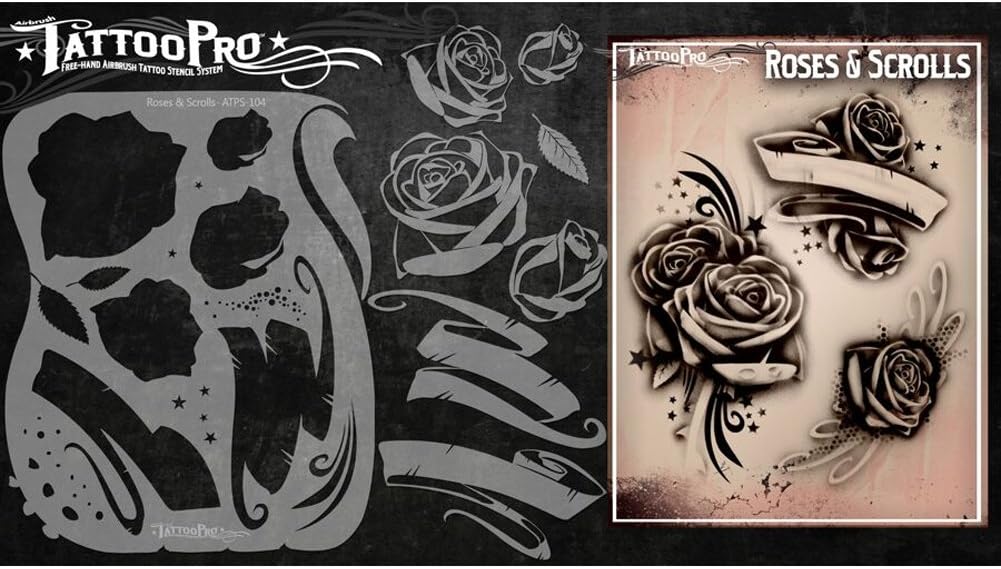 Tattoo Pro Airbrush Stencil Series 1 - Roses & Scrolls, Mylar Airbrush Tattoo Template, Reusable Face Paint Stencil