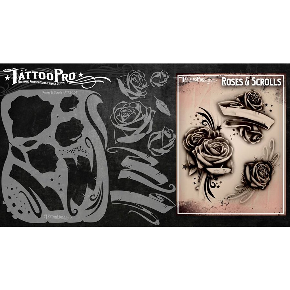 Tattoo Pro Airbrush Stencil Series 1 - Roses & Scrolls, Mylar Airbrush Tattoo Template, Reusable Face Paint Stencil
