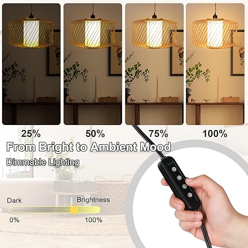 Miniatura 2 de Lámpara colgante de ratán enchufable, luces colgantes bohemias con pantalla tejida, regulable de 3 vías y ajuste de atenuador para sala de estar,