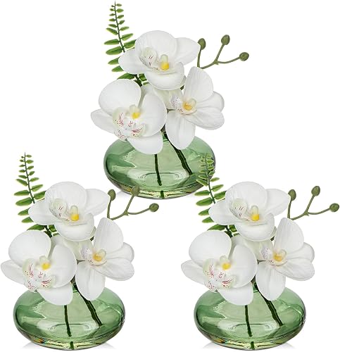 Oairse White Orchids Artificial Flowers Faux Orchids Arrangement in Light Green Glass Vases Set of 3 Real Touch Phalaenopsis Orchid Flowers Small Fake Orchid Centerpiece for Dining Room Table