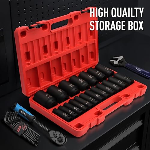 Miniatura 5 de DISEN Juego de llaves de impacto SAE de 19 piezas, 1/2 pulgada, enchufes profundos de 3/8 a 1-1/2 pulgadas, 6 puntos Cr-V y acero aleado, juego