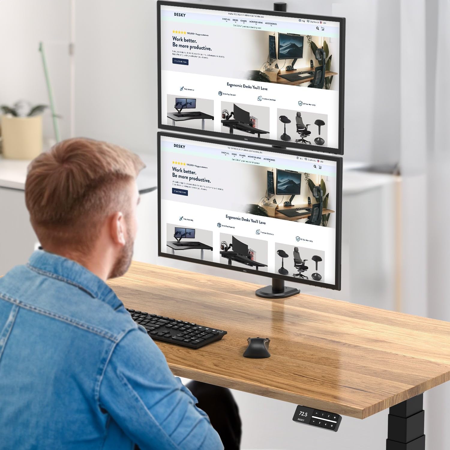 Desky Eco Stacked Arm – Flexible Stand for 17–32'' Screens – Space-Saving Desk Mount for 2 Displays – VESA-Compatible Ergonomic Setup - Black