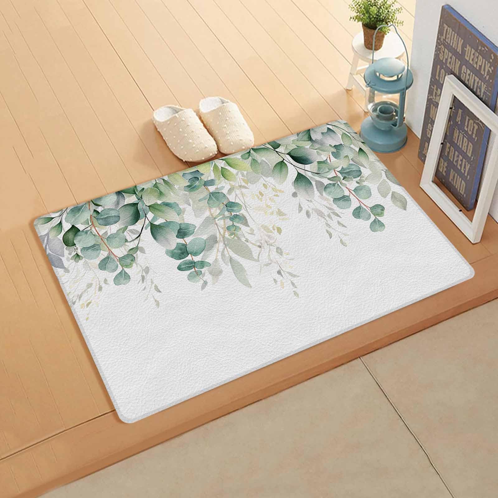Sage Green Eucalyptus Kitchen Bath Door Mat Cushioned Runner Rug,Washable Welcome Floor Sink Antifatigue Mat,Waterproof Non-Slip Standing Doormat,Contemporary White Botanical Watercolor 18