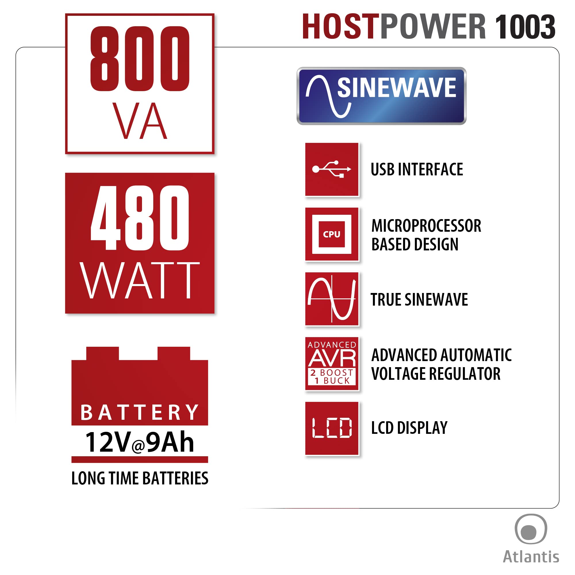 Atlantis A03-HP1003 Gruppo di Continuità Onda Sinusoidale Pura 800VA 480W Line Interactive LCD USB-HID 2 uscite Shuko